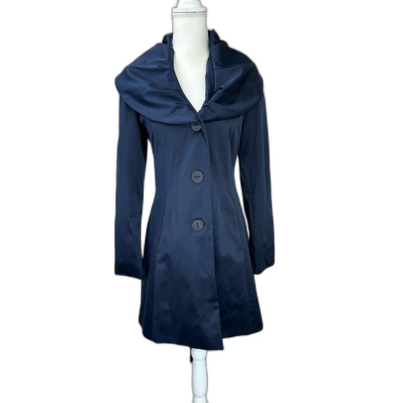 Ladies Tahari Trench Coat, Dark Blue Satin Portrait Collar Size Small Machine … - Picture 1 of 9